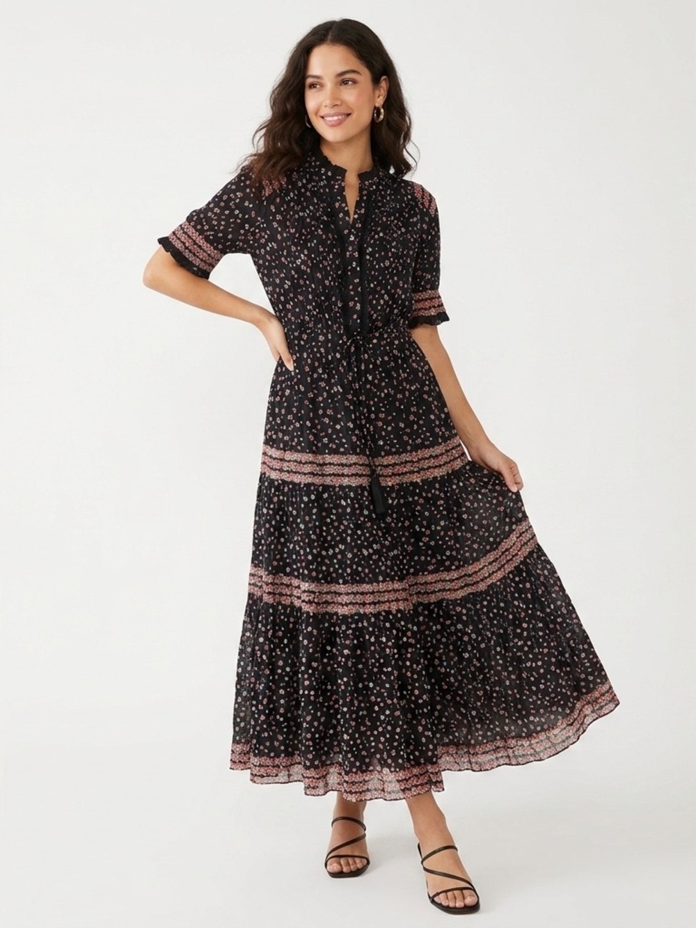 ⁠Free People Rare Feelings Maxi Dress Ditzy Black Floral Tiered Pleated Boho Med
